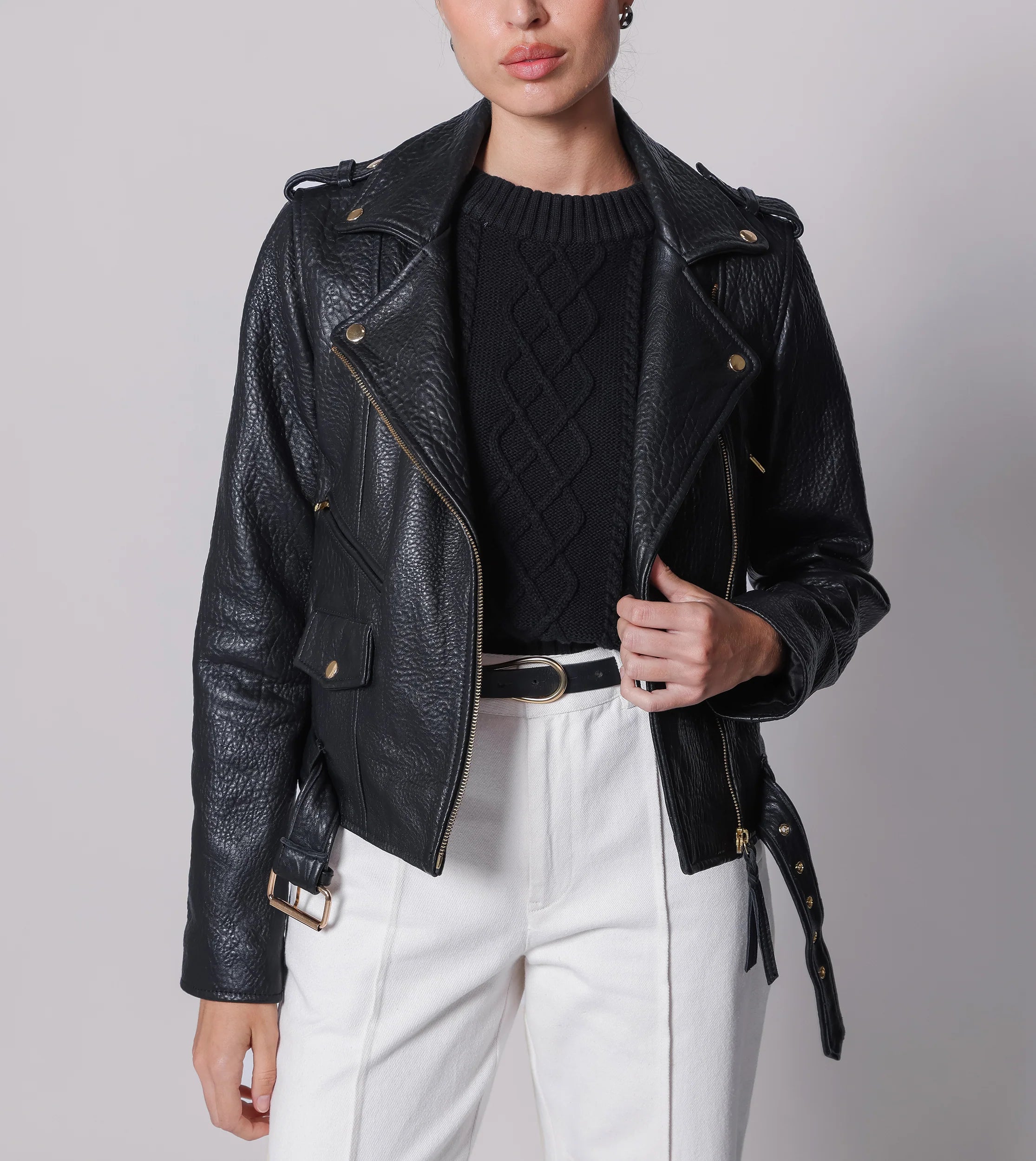 Black Textured Leather Biker Jacket