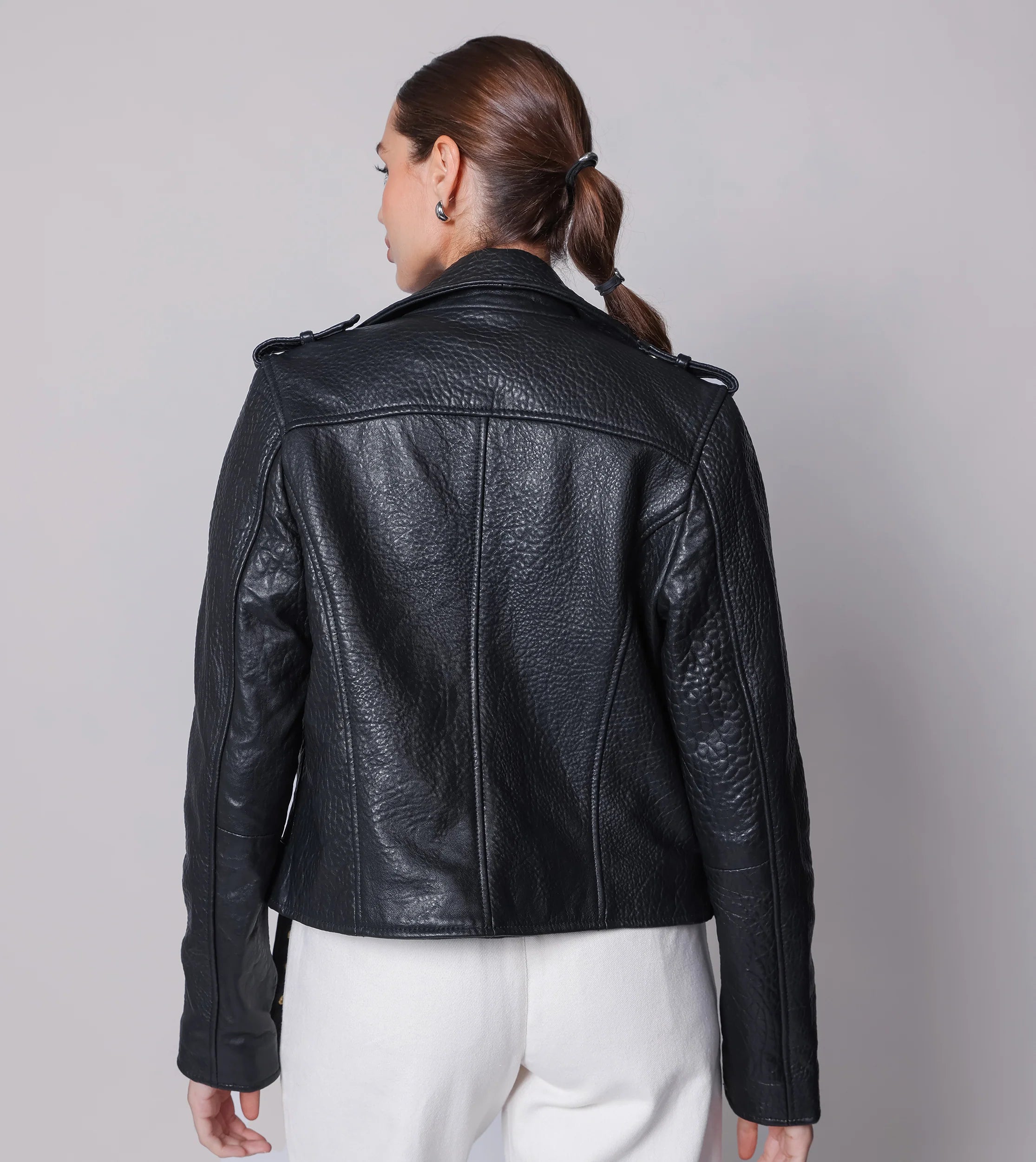 Black Textured Leather Biker Jacket