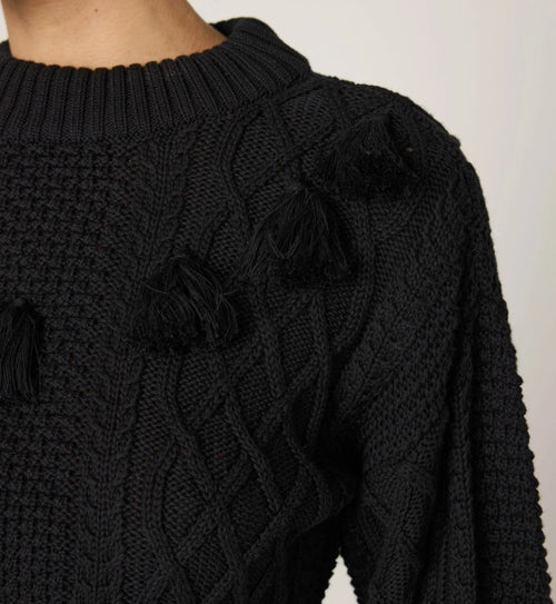 Black Cable-Knit Fringe-Trim Cropped Sweater