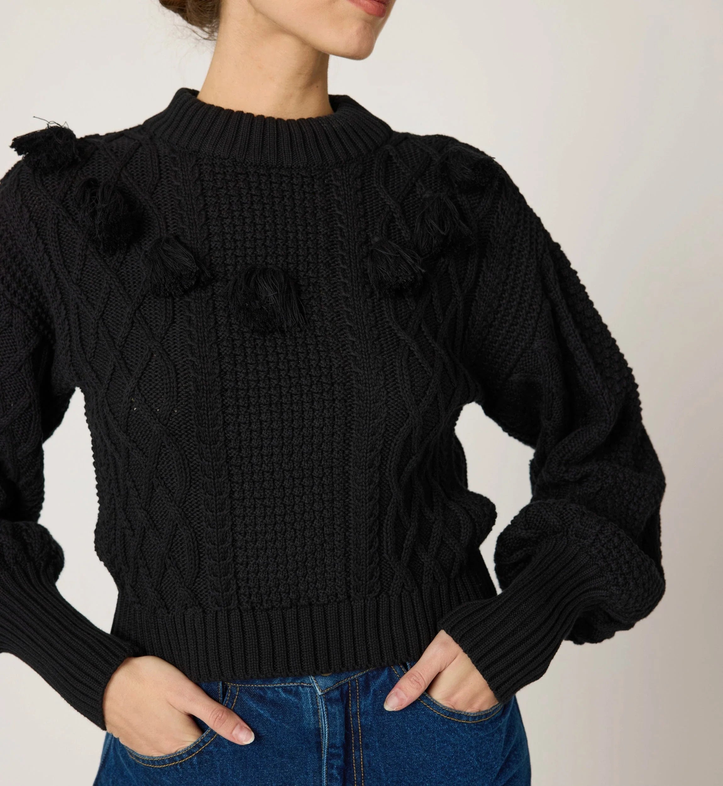 Black Cable-Knit Fringe-Trim Cropped Sweater