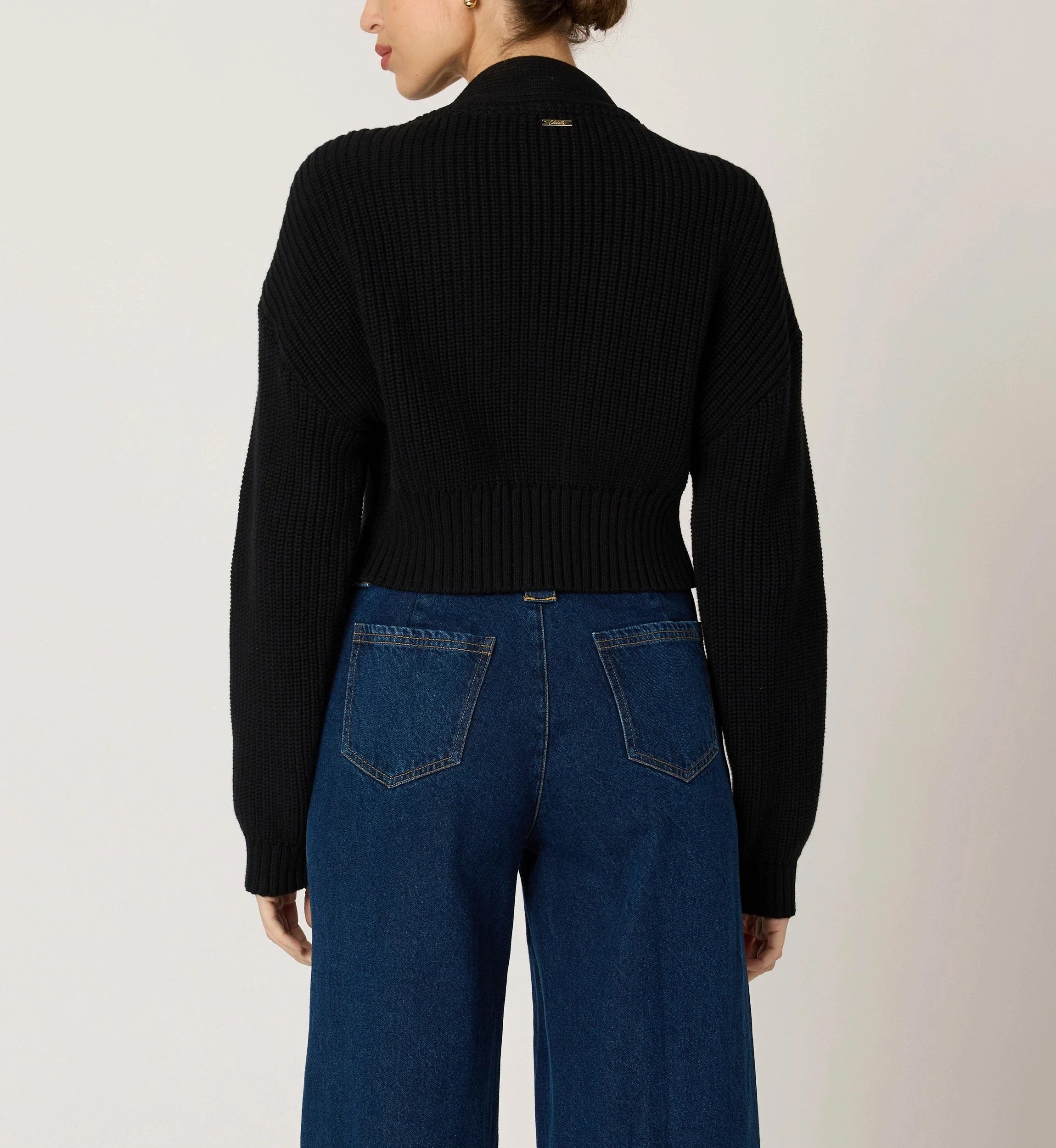 Black Cropped Knit Cardigan with Heart Buckle